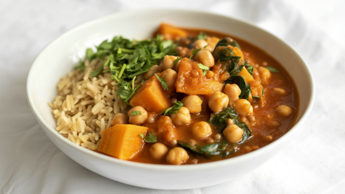 Curry de pois chiches, légumes et huile d'olive