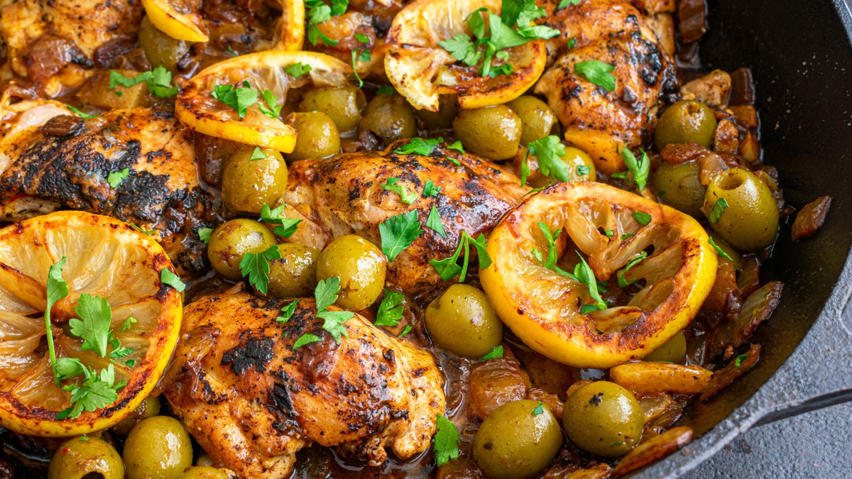 Poulet rôti au citron, olives et huile d'olive