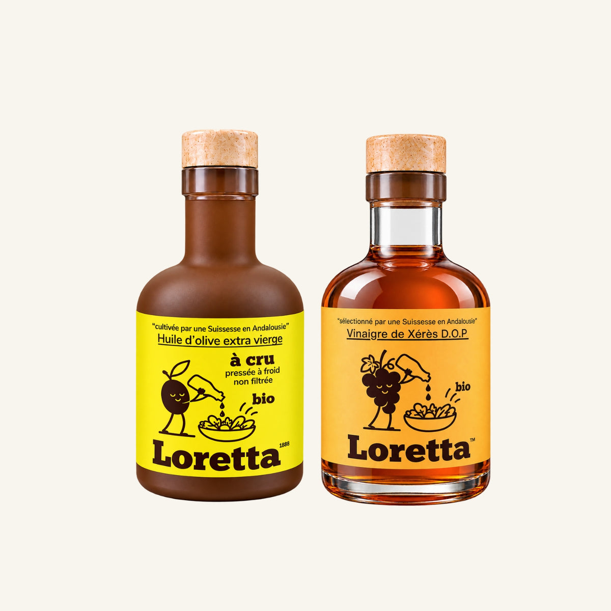 Duo huile et vinaigre bio Loretta 1888 : huile d'olive à cru 500ml et vinaigre de Xérès 500ml