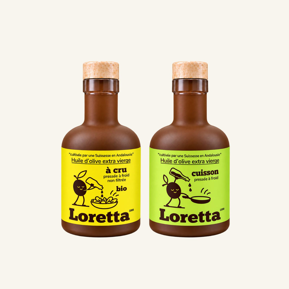Duo huiles d'olive extra vierges Loretta 1888 : huile à cru 500ml et huile cuisson 500ml