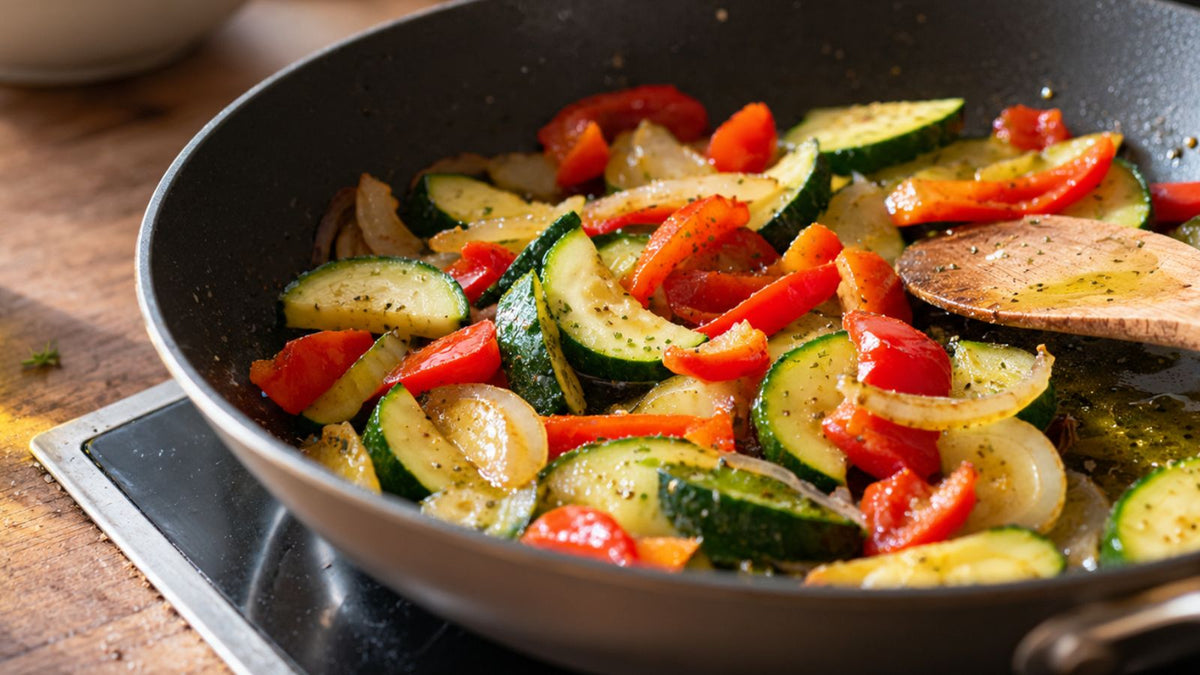 Huile d'olive pour la cuisson Loretta dans une poêle avec des légumes