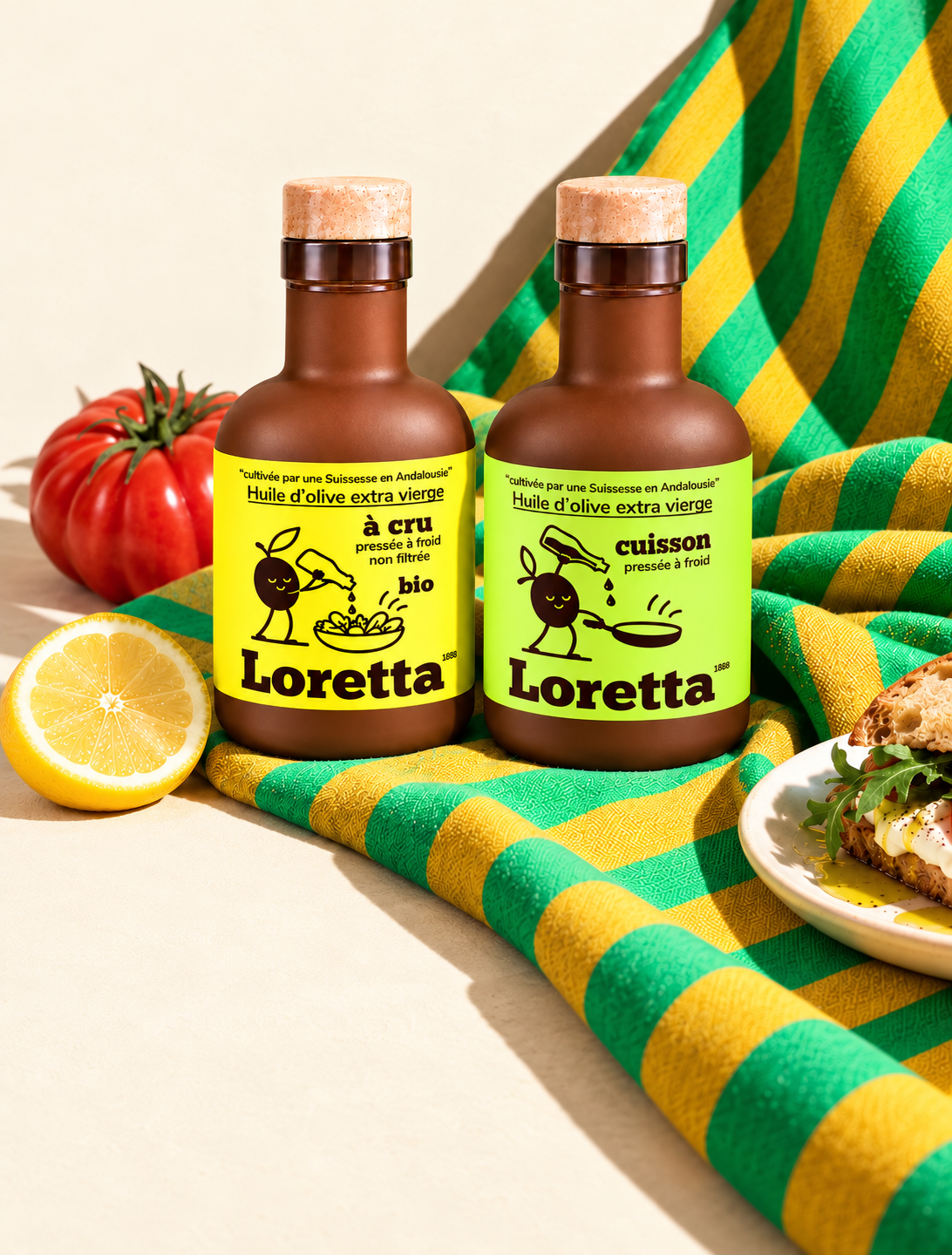 les 2 bouteilles d'huile d'olive extra vierges Loretta 1888 : à cru et cuisson sur une nappe