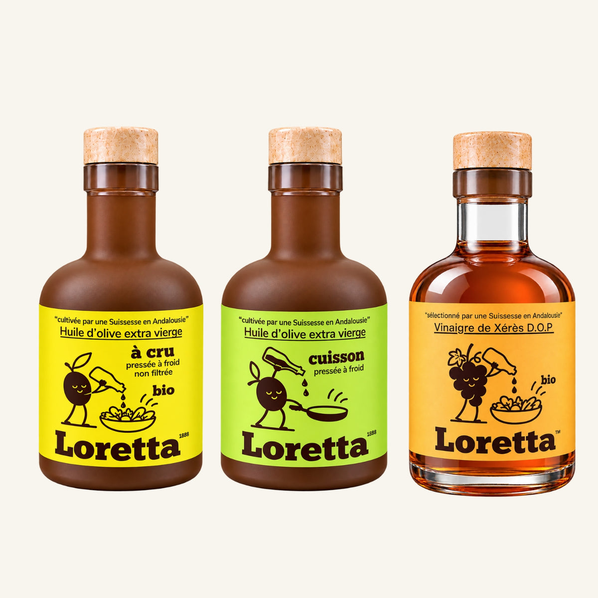 Trio Loretta 1888 : huile d'olive à cru 500ml, huile d'olive cuisson 500ml et vinaigre de xérès 500ml